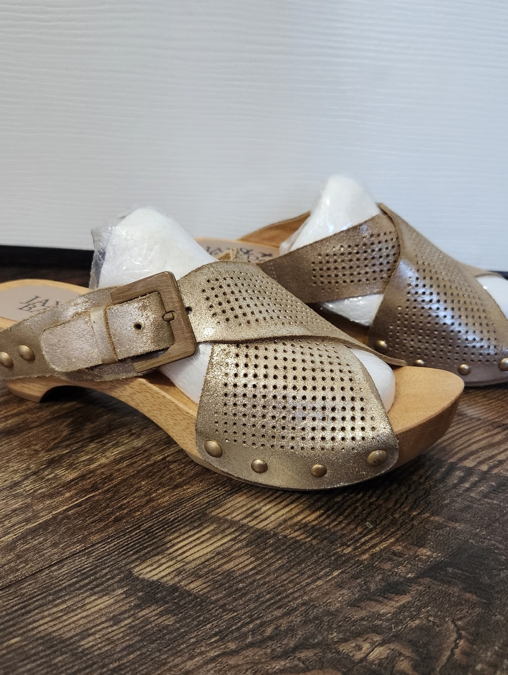 Jax & Bard, Gold Clog Sandals with Perforated Straps, Size 37, NWOT